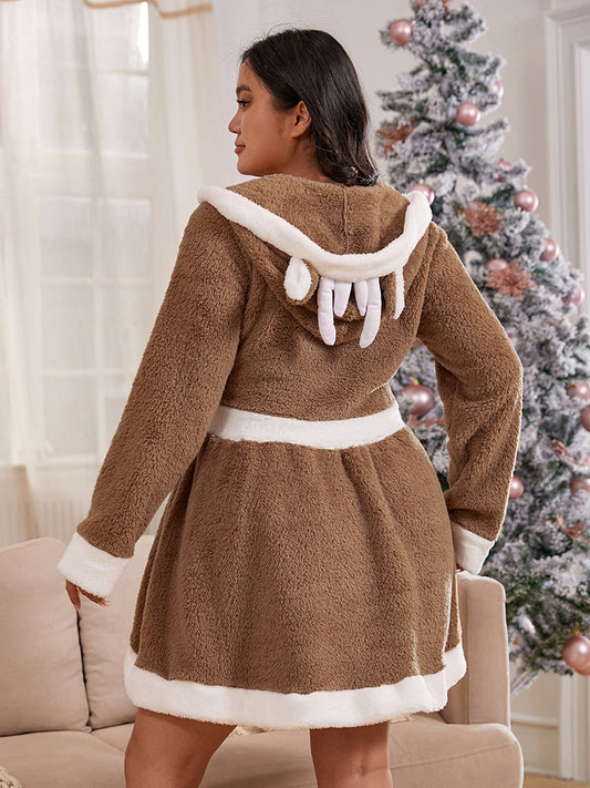 Contrast Plush 3D Antlers Hooded Dress