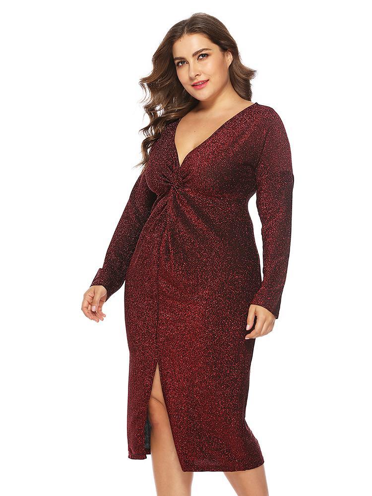 Knot V-neck Split Elegant Dress