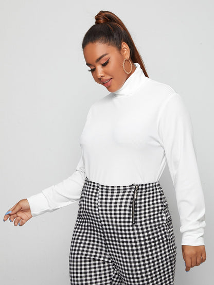 Solid Turtleneck Rib-knit Tee