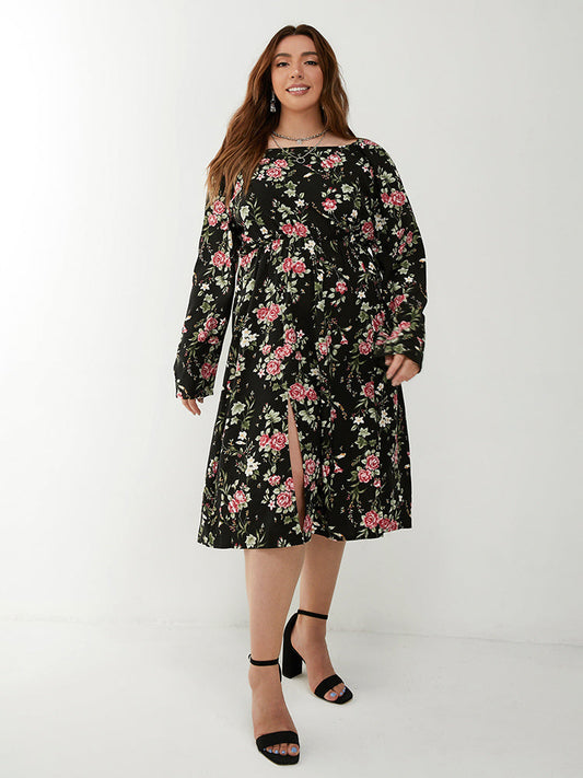 Floral Split Square Neck Dress