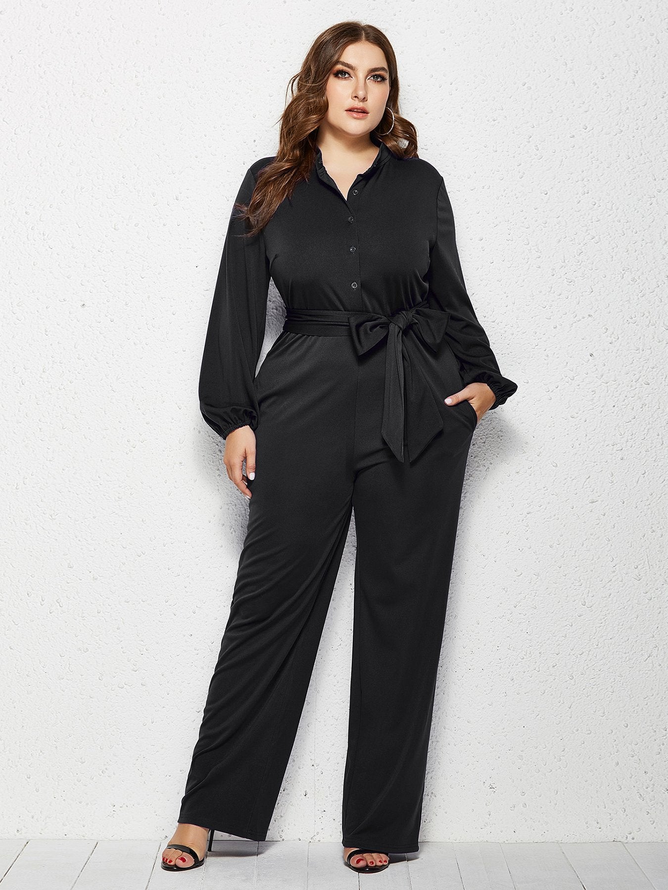 Solid Color Belt Lantern Sleeve Jumpsuits