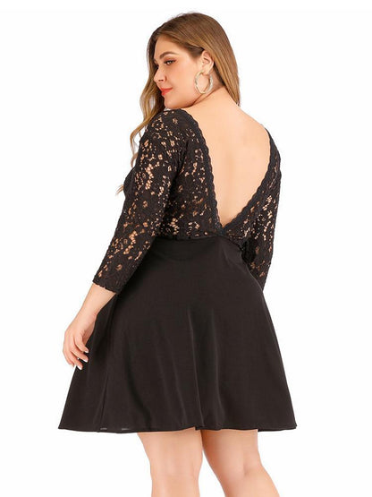 Lace Patchwork Round Neck  Backless Dress