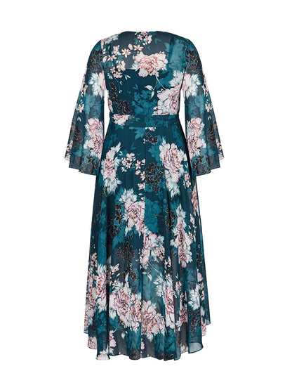 Floral Printed Flared Sleeve Wrap Maxi Dress