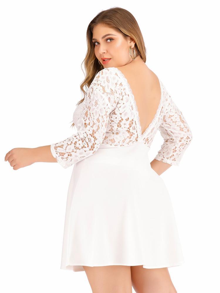 Lace Patchwork Round Neck  Backless Dress