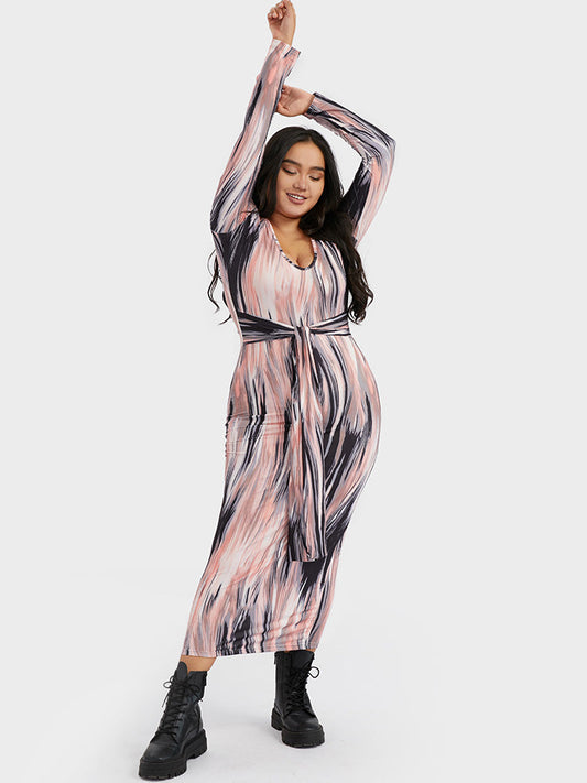 Belted Printing Crew Neck Dress