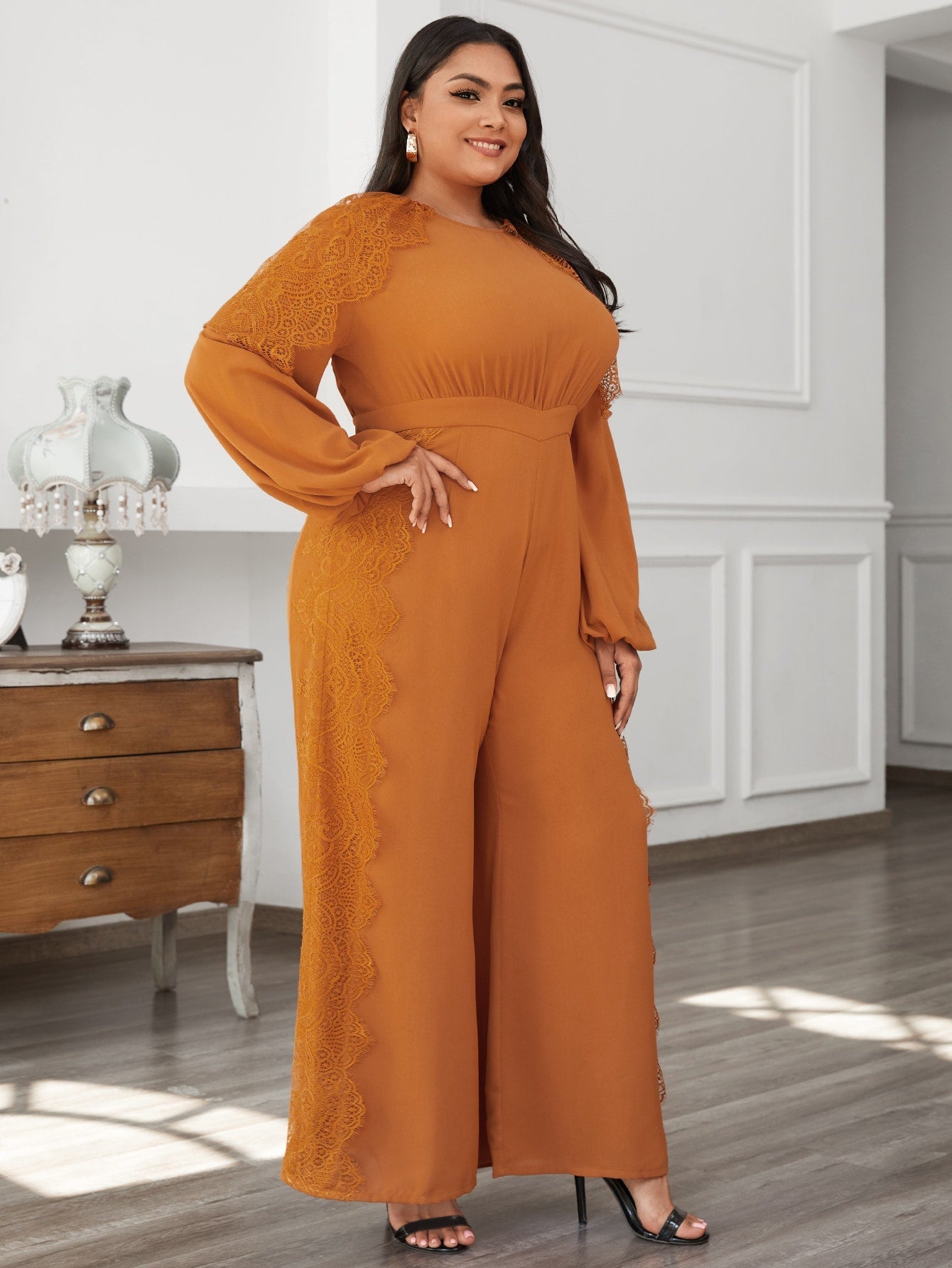 Lantern Sleeve Lace Panel Wide Leg Jumpsuit