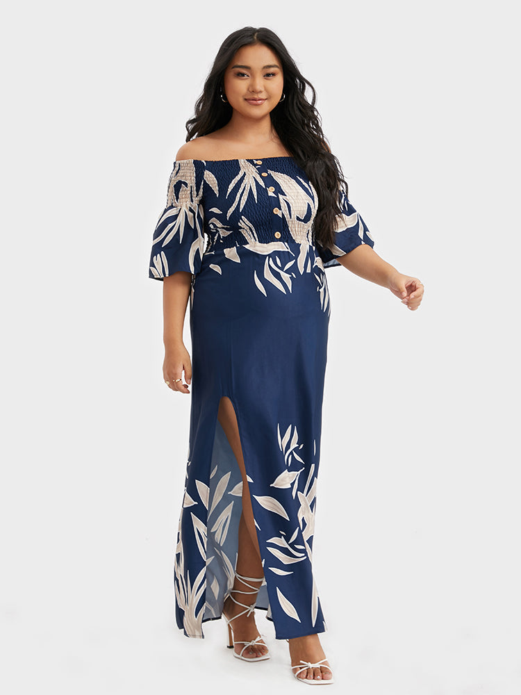 Floral Printing Split Off Shoulder Dress