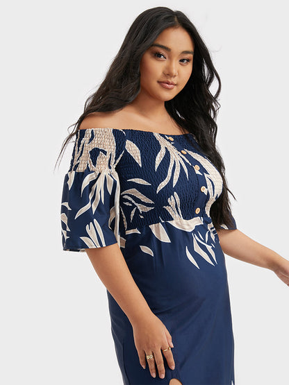 Floral Printing Split Off Shoulder Dress
