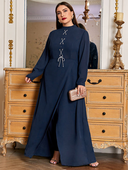 Mock Neck Lace Up Front Jumpsuit With Split Skirt