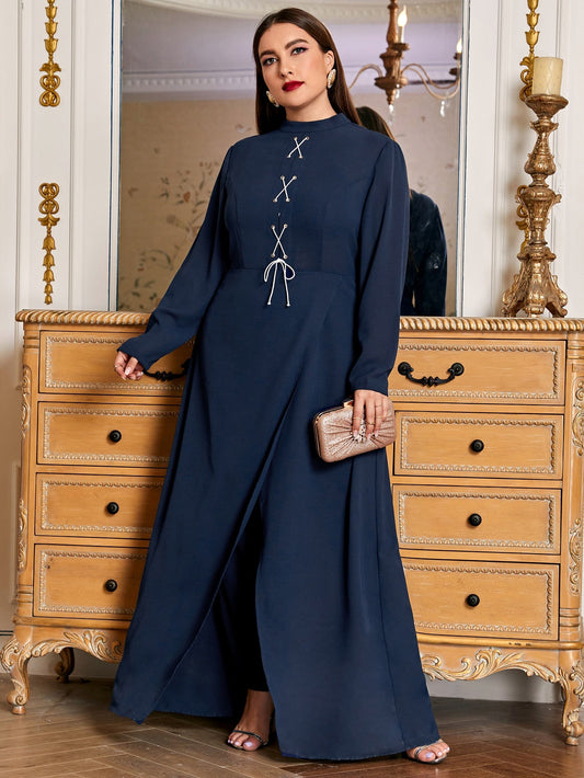 Mock Neck Lace Up Front Jumpsuit With Split Skirt