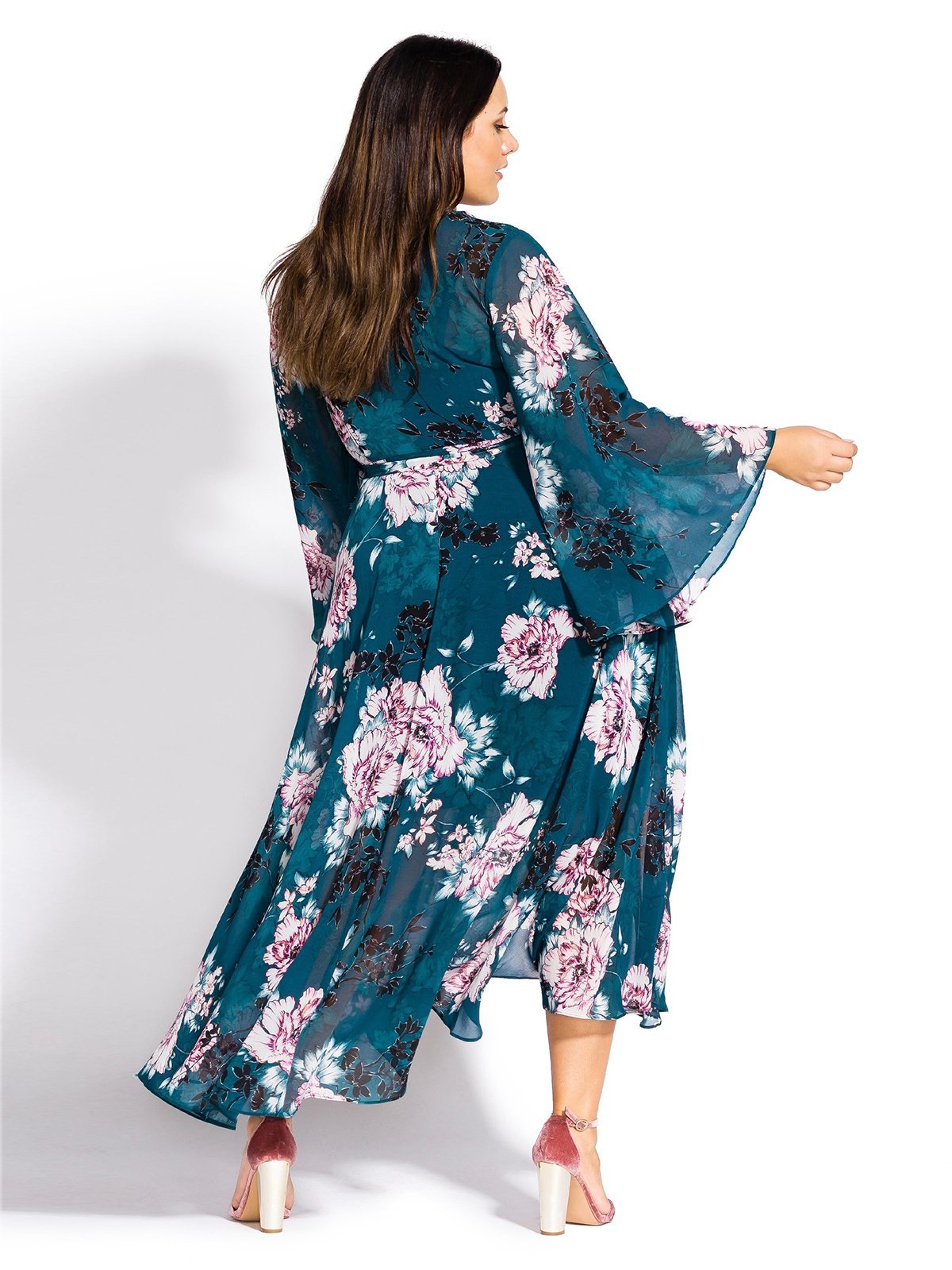 Floral Printed Flared Sleeve Wrap Maxi Dress