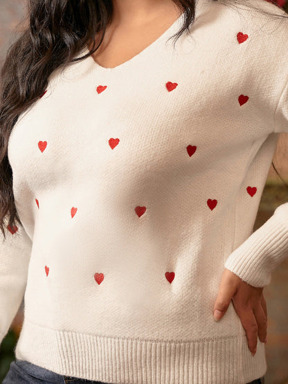 V Neck Heart Pattern Sweater