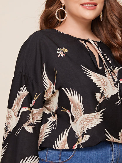 Swan Print Tie Neck Curved Hem Top