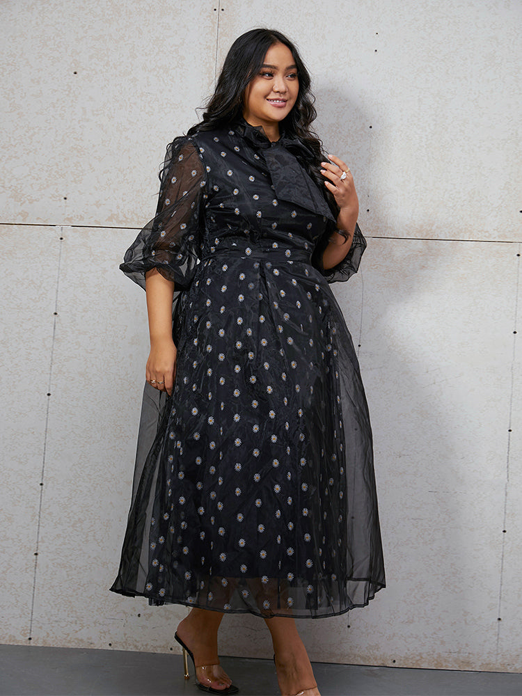 Daisy Embroidered Mesh Tie Neck Dress