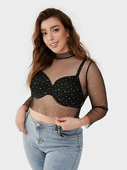 Galaxy Print Mesh Mock Neck Bodycon T-shirt