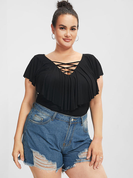 V Neck Crisscross Front Ruffle Sleeve T-shirt