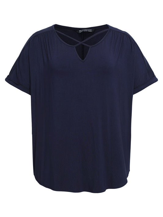 Solid Notched Crisscross Roll Batwing Sleeve T-shirt