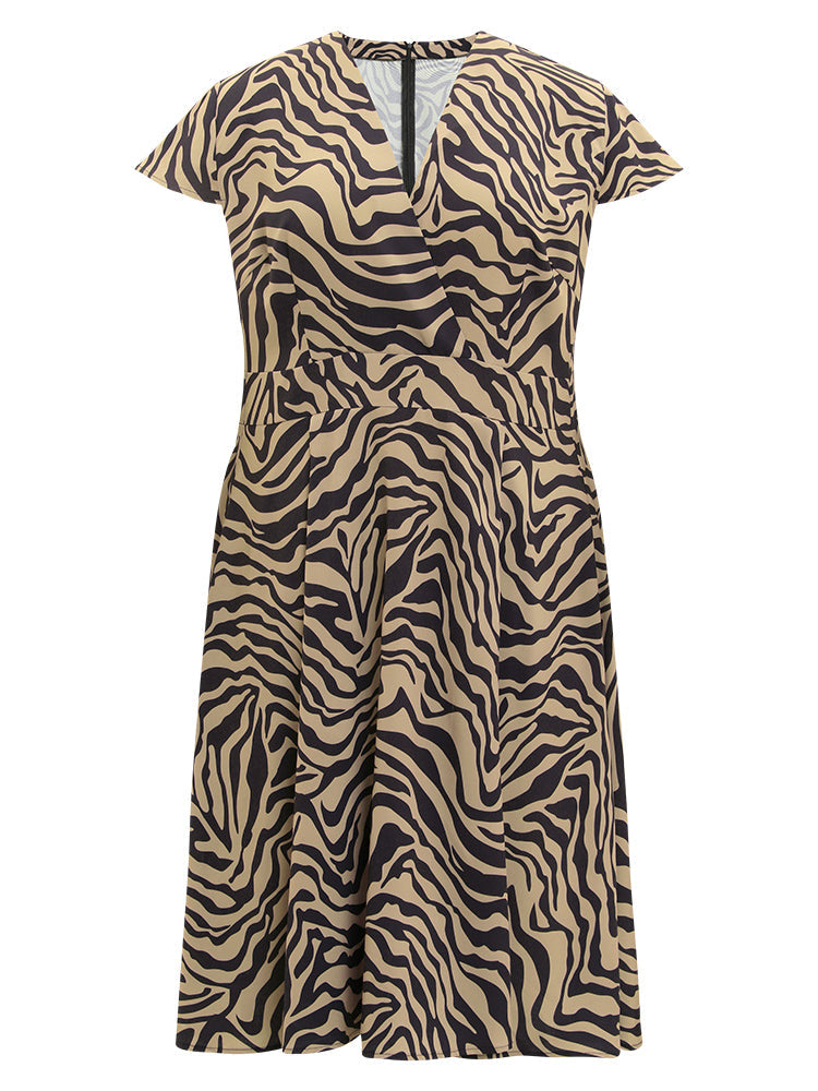 Zebra Print Pocket V Neck Ruffle Hem Dress