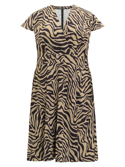 Zebra Print Pocket V Neck Ruffle Hem Dress