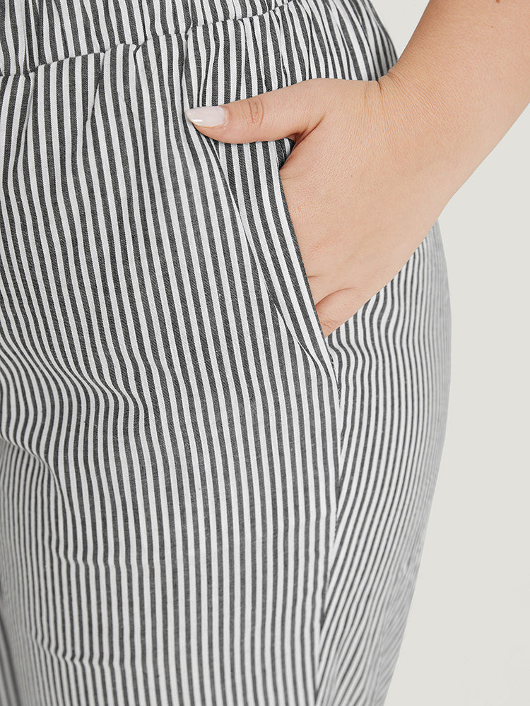 Striped Pocket Button Detail Paperbag Waist Pants