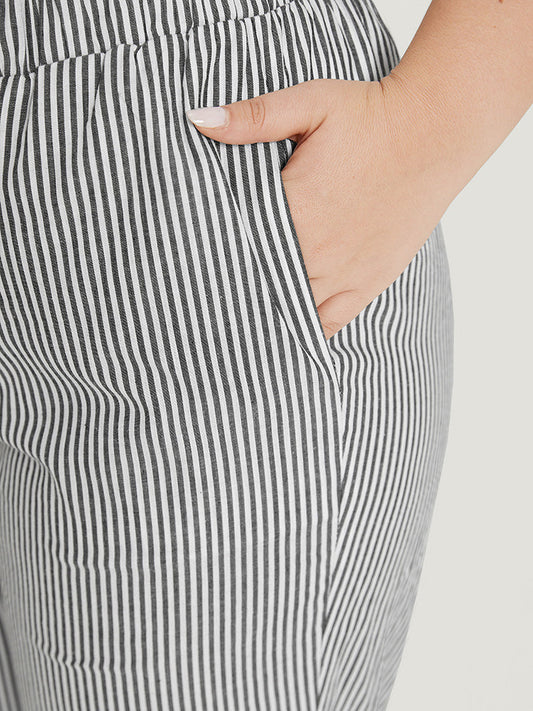 Striped Pocket Button Detail Paperbag Waist Pants