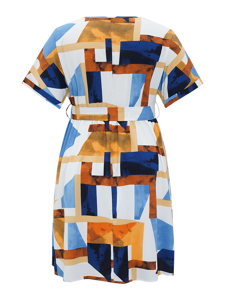 Geometric Print Roll Batwing Sleeve Pocket Belted Keyhole Dress