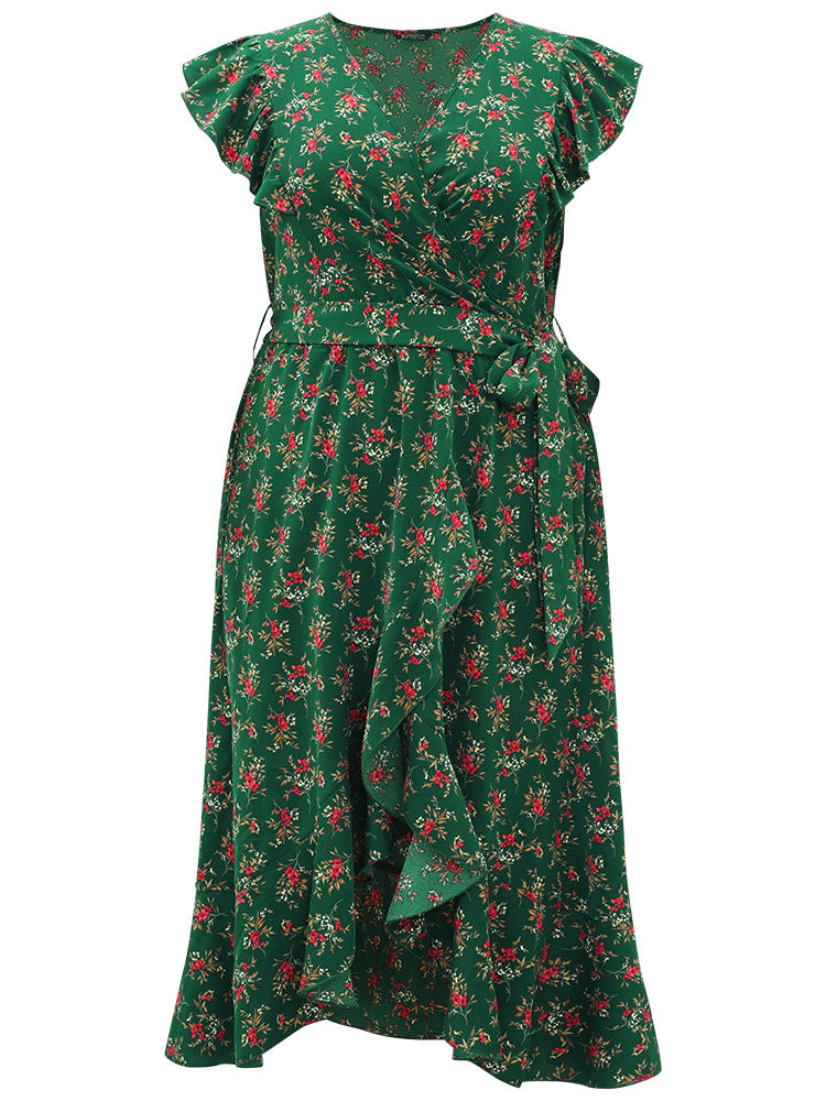 Floral Print Ruffles Pocket Wrap Belted Dress