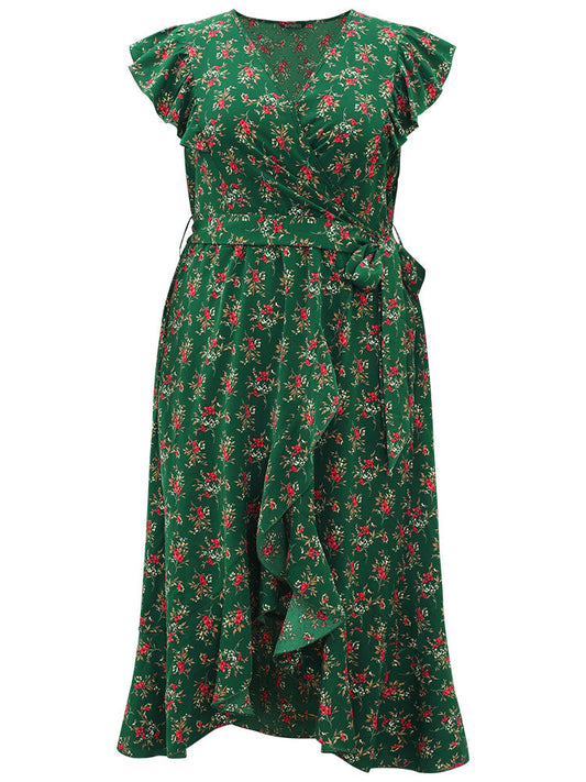 Floral Print Ruffles Pocket Wrap Belted Dress