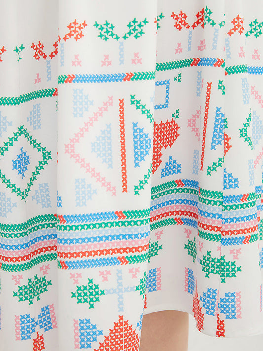 Heart & Geometric Button Detail Pocket V Neck Ruffles Dress