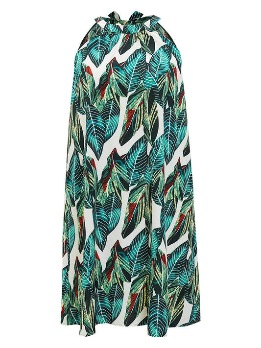 Tropical Print Pocket Keyhole Knotted Halter Dress