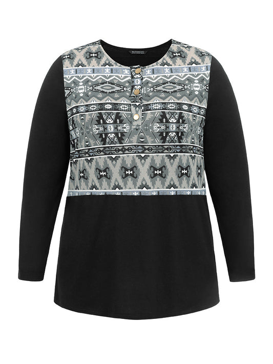 Boho Print Patchwork Button Up T-shirt