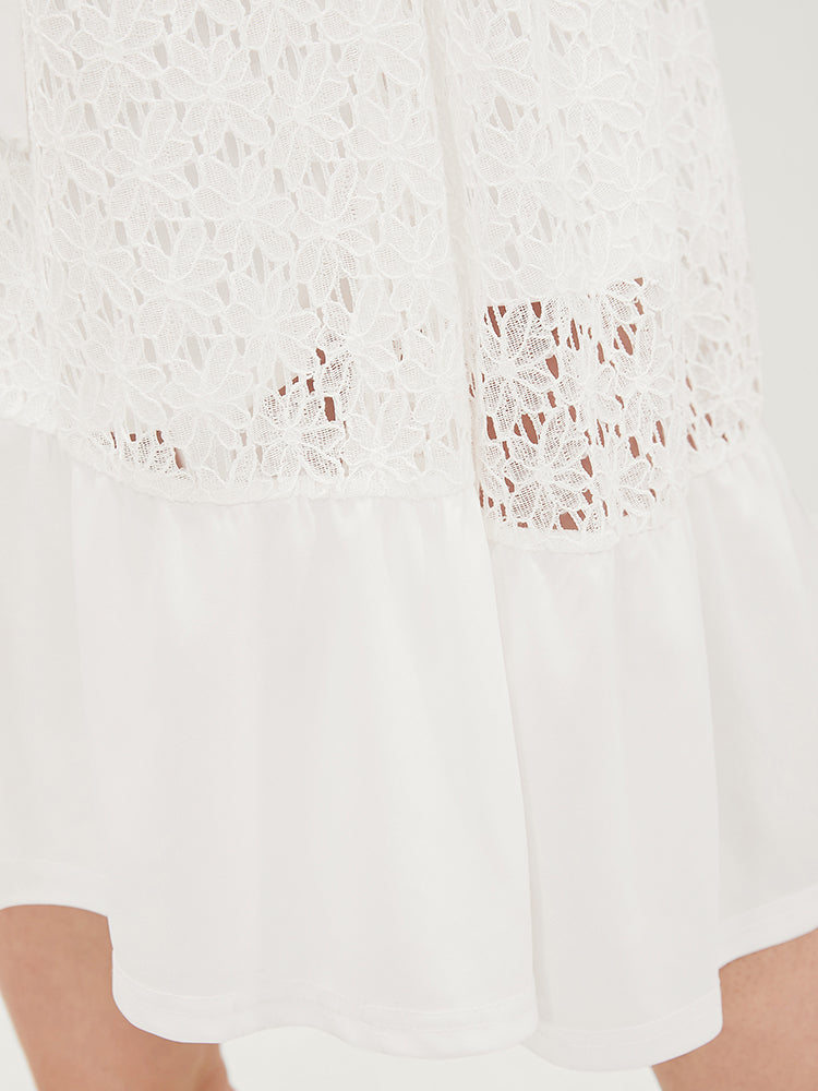 Plain Wrap Ruffles Pocket Belted Eyelet Lace Dress