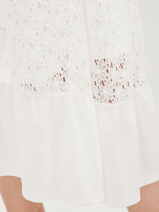 Plain Wrap Ruffles Pocket Belted Eyelet Lace Dress
