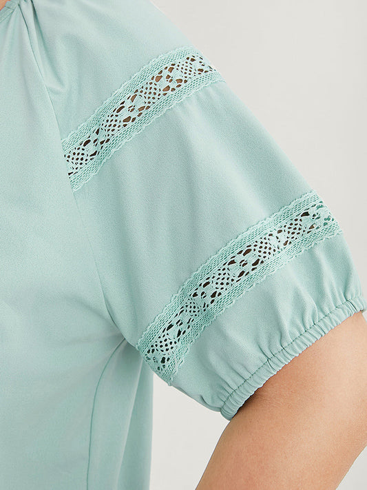 Plain Contrast Lace Lantern Sleeve T-shirt
