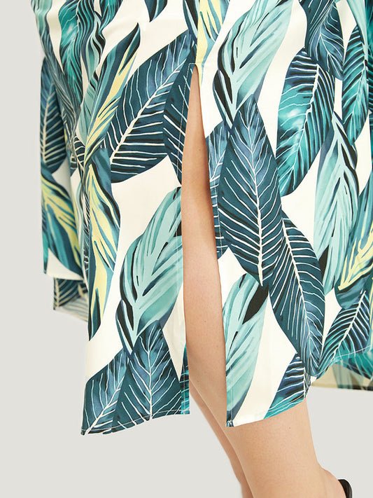 Tropical Pocket Ruffle Split Hem Halter Off Shoulder Dress