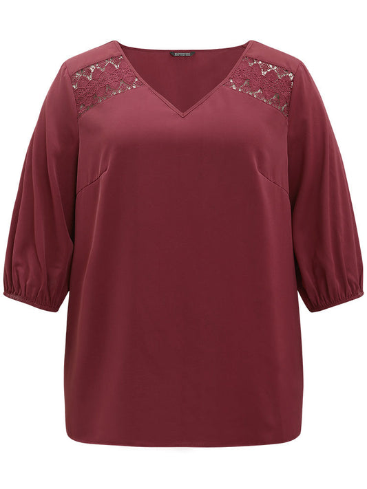 Solid Contrast Lace Lantern Sleeve Blouse