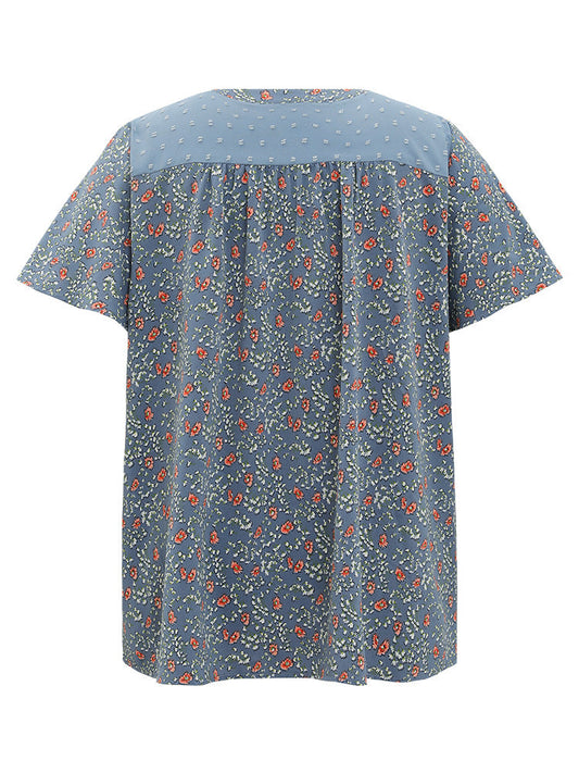 Ditsy Floral & Polka Dot Lace Notched Neck Blouse