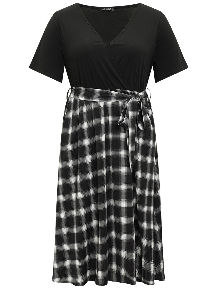 Supersoft Essentials Plaid Patchwork Pocket Surplice Neck Belted Dress