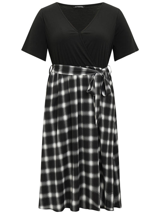 Supersoft Essentials Plaid Patchwork Pocket Surplice Neck Belted Dress