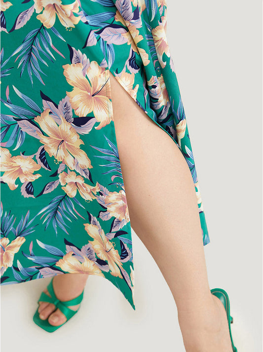 Floral Halter Neck Pocket Ruffle Trim Split Hem Dress