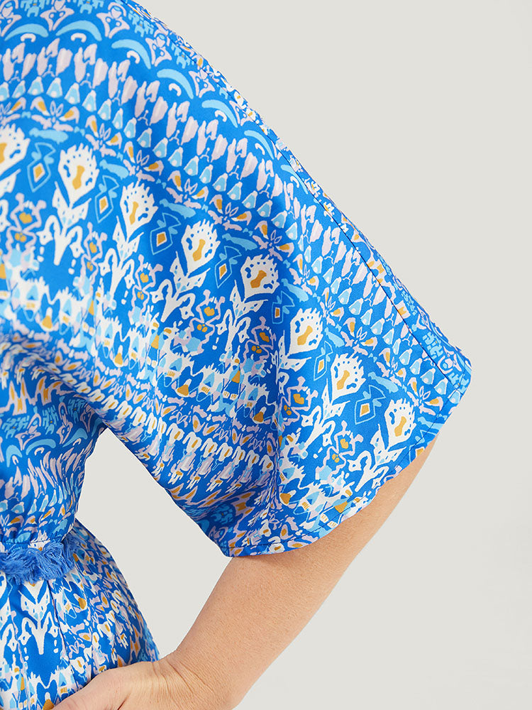 Bandana Print Dolman Sleeve Knot Fringe Trim Split Dress