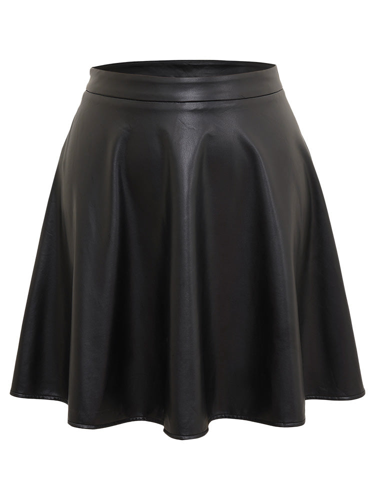 Solid PU Cropped Ruffle Hem Skirt