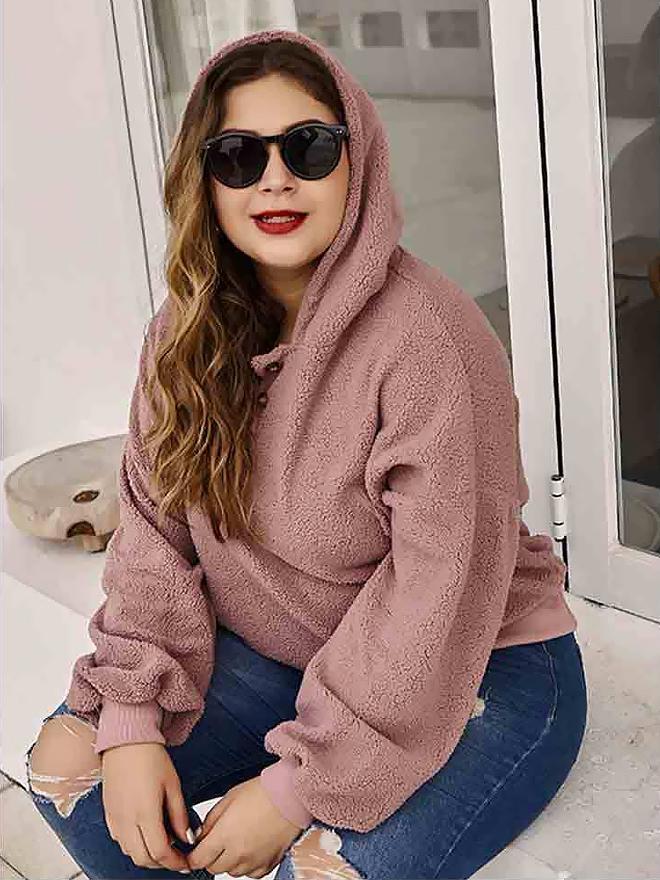 Button Neckline Plush Hoodie