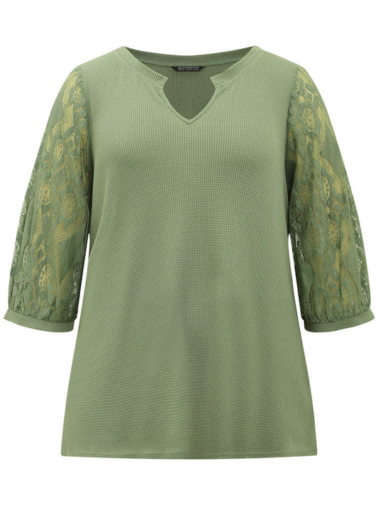 Plain Lace Patchwork Notched T-shirt