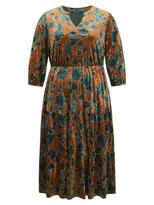 Velvet Floral Print Notched Lantern Sleeve Dress