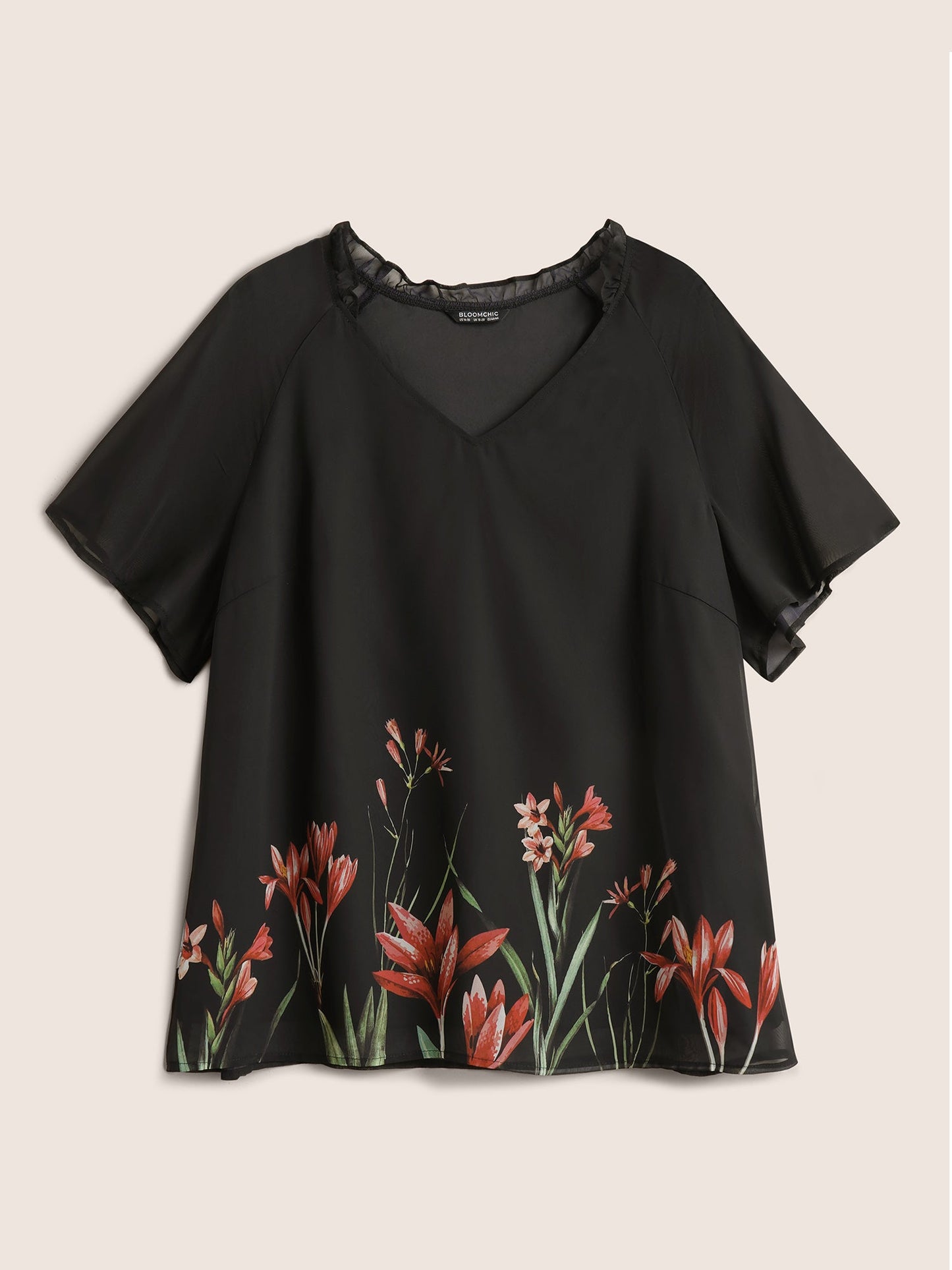 Boho Print Mesh Patchwork Frill Trim Blouse