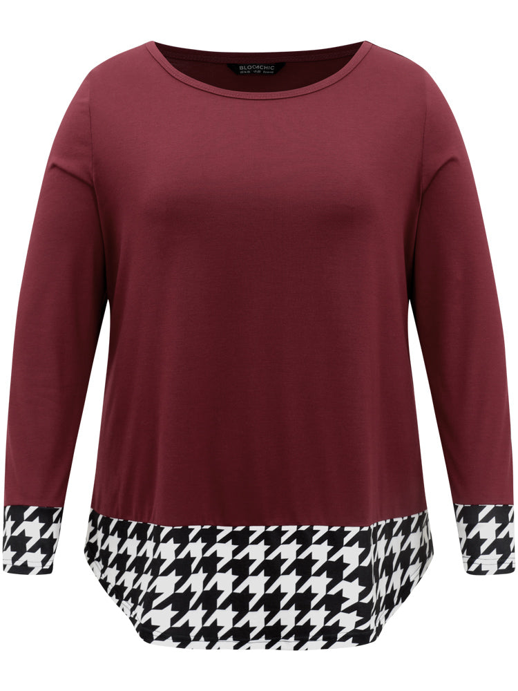 Houndstooth Patchwork Contrast Arc Hem T-shirt