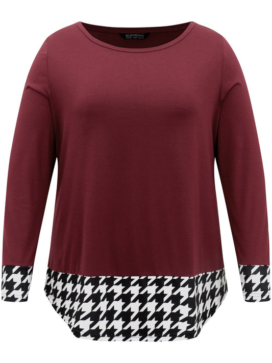 Houndstooth Patchwork Contrast Arc Hem T-shirt