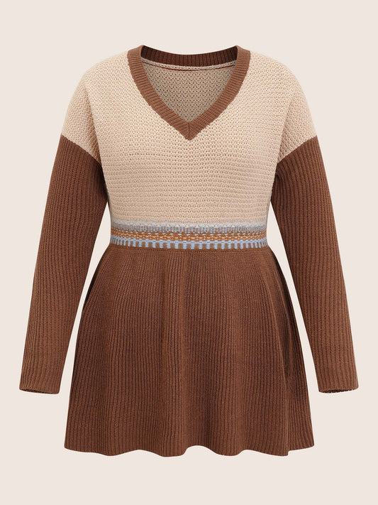 Colorblock Contrast Texture Elastic Waist Pullover