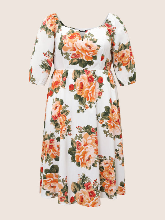 Floral Print Notched Elastic Cuffs Dress